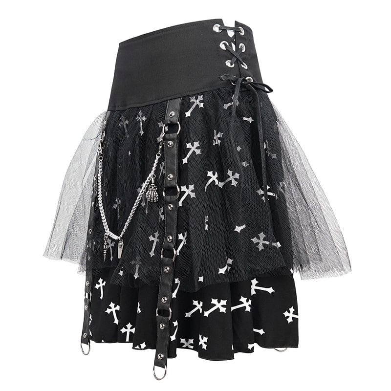 DEVIL FASHION Women's Gothic Cross Printed Mesh Splice Chain Skirt