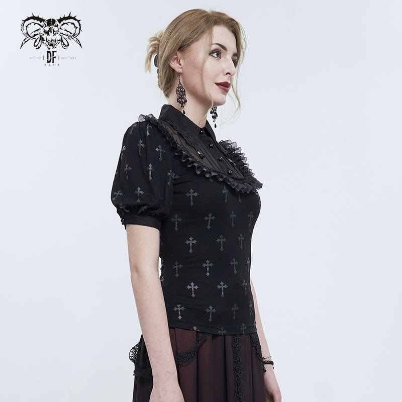 DEVIL FASHION Women's Gothic Cross Printed Ruffled Shirt