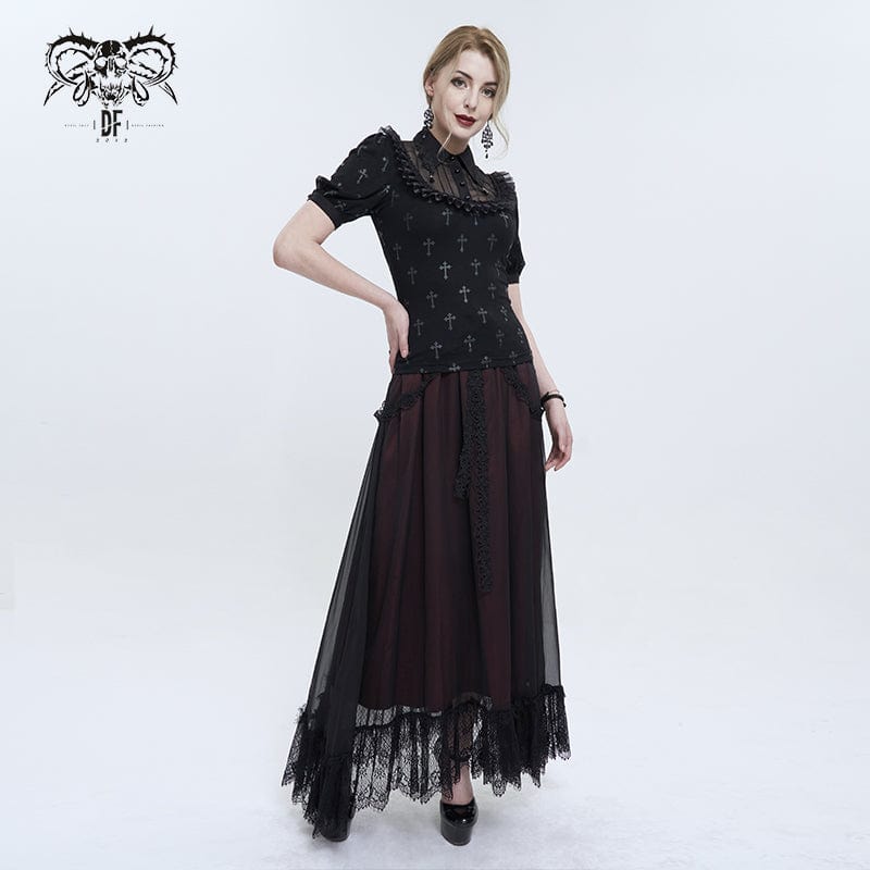 DEVIL FASHION Women's Gothic Cross Printed Ruffled Shirt