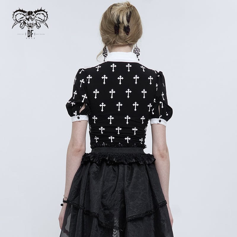 DEVIL FASHION Women's Gothic Double Color Cross Printed Ruffled Shirt