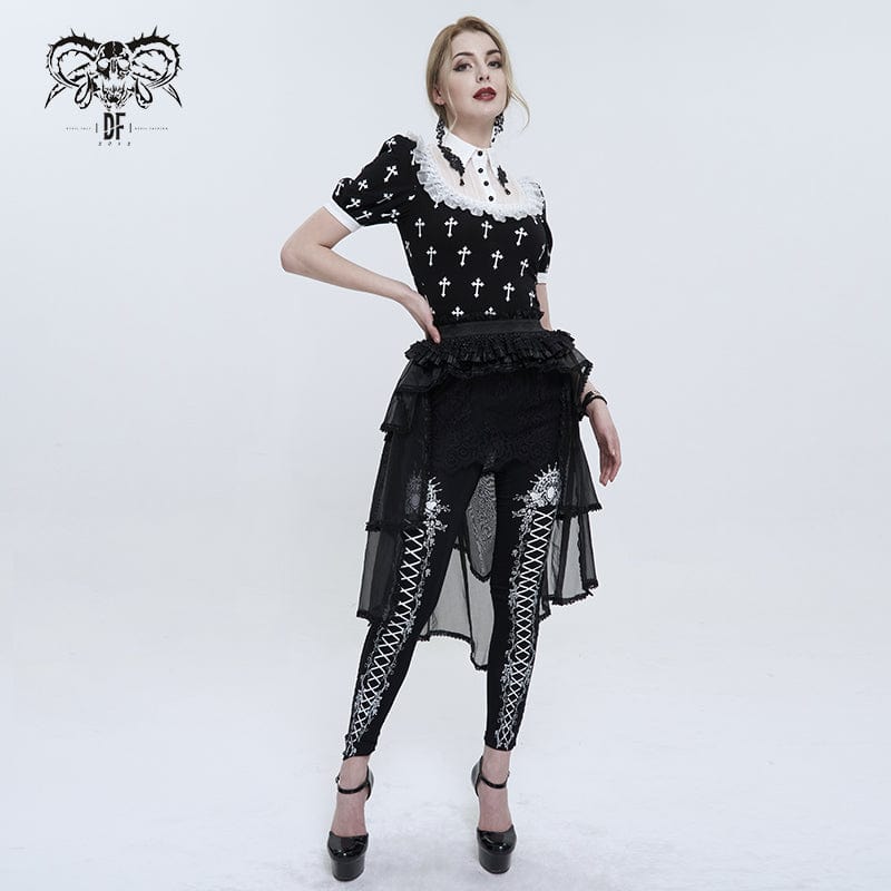 DEVIL FASHION Women's Gothic Double Color Cross Printed Ruffled Shirt