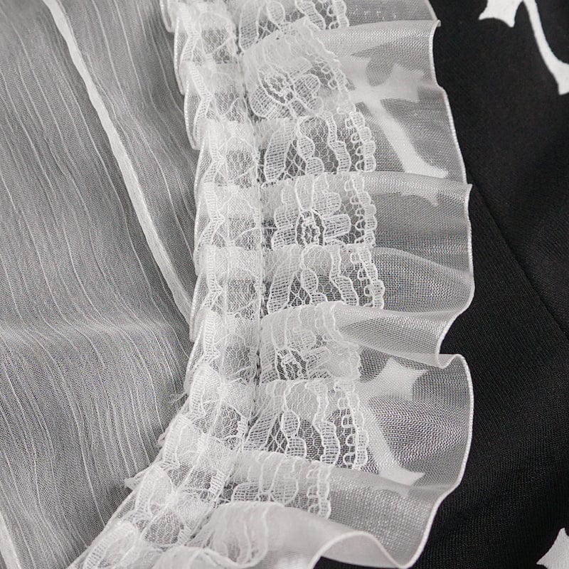 DEVIL FASHION Women's Gothic Double Color Cross Printed Ruffled Shirt