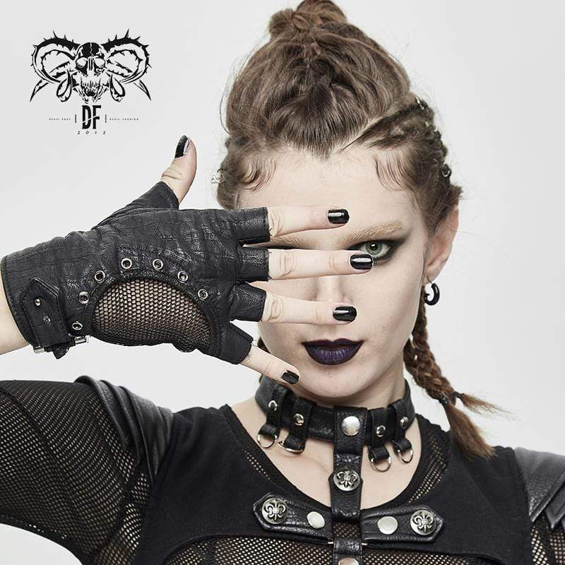 DEVIL FASHION Women's Gothic Eyelets Mesh Spliced Gloves