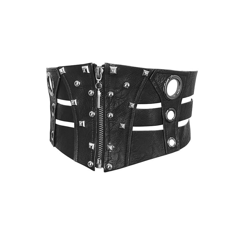 Women's Gothic Faux Leather Ripped Front Zip Belts With Rivets