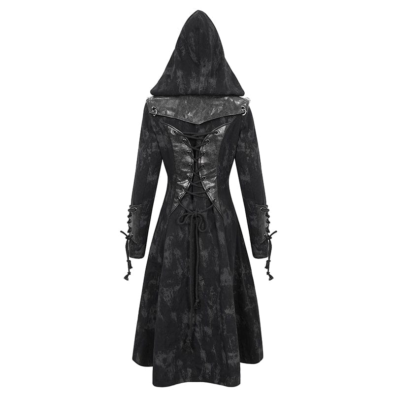 DEVIL FASHION Women's Gothic Faux Leather Splice Distressed Coat with Hood