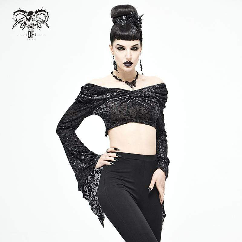 Women's Gothic Flare Sleeve Off Shoulder Black Crop Top