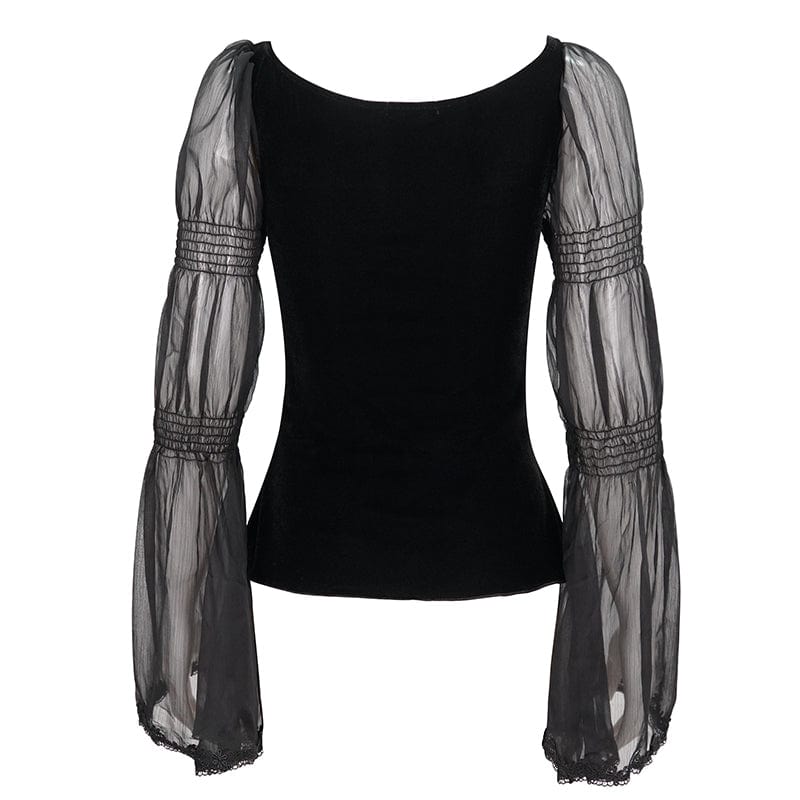 DEVIL FASHION Women's Gothic Flared Sleeved Floral Embroidered Shirt