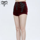 DEVIL FASHION Women's Gothic Floral Embroidered Chain Velvet Shorts Red