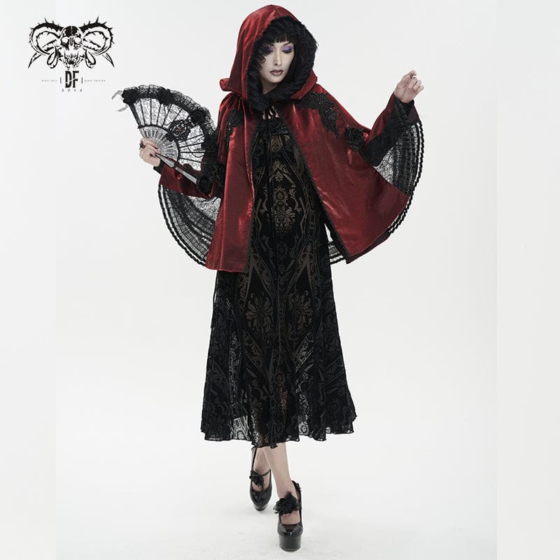 DEVIL FASHION Women's Gothic Floral Embroidered Ruffled Cloak Red