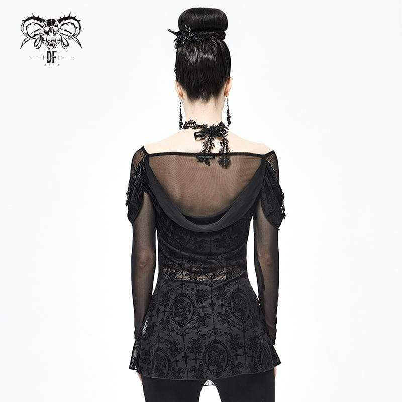 Women's Gothic Floral Embroidered Sheer Black Mesh Top