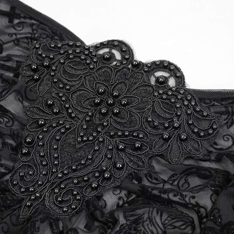 Women's Gothic Floral Embroidered Sheer Black Mesh Top