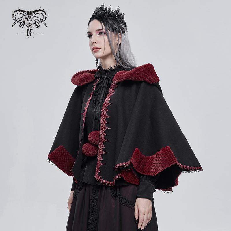 DEVIL FASHION Women's Gothic Floral Embroidered Splice Cape with Hood Black