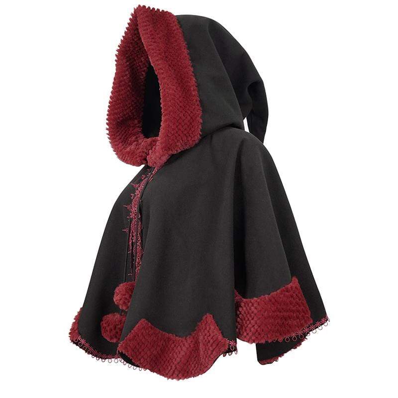 DEVIL FASHION Women's Gothic Floral Embroidered Splice Cape with Hood Black