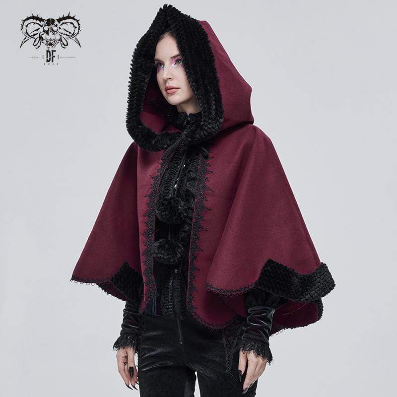 DEVIL FASHION Women's Gothic Floral Embroidered Splice Cape with Hood Red