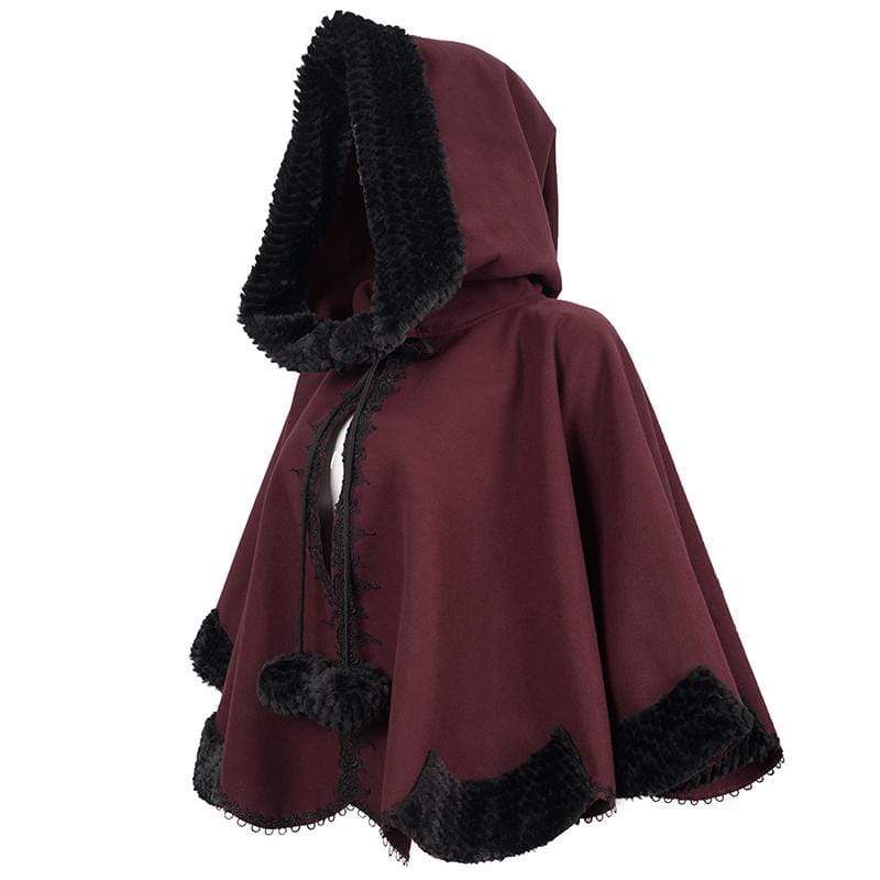 DEVIL FASHION Women's Gothic Floral Embroidered Splice Cape with Hood Red
