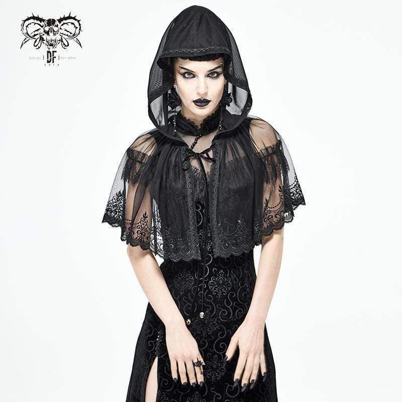 Women's Gothic Floral Lace Sheer Black Cloaks with Hood