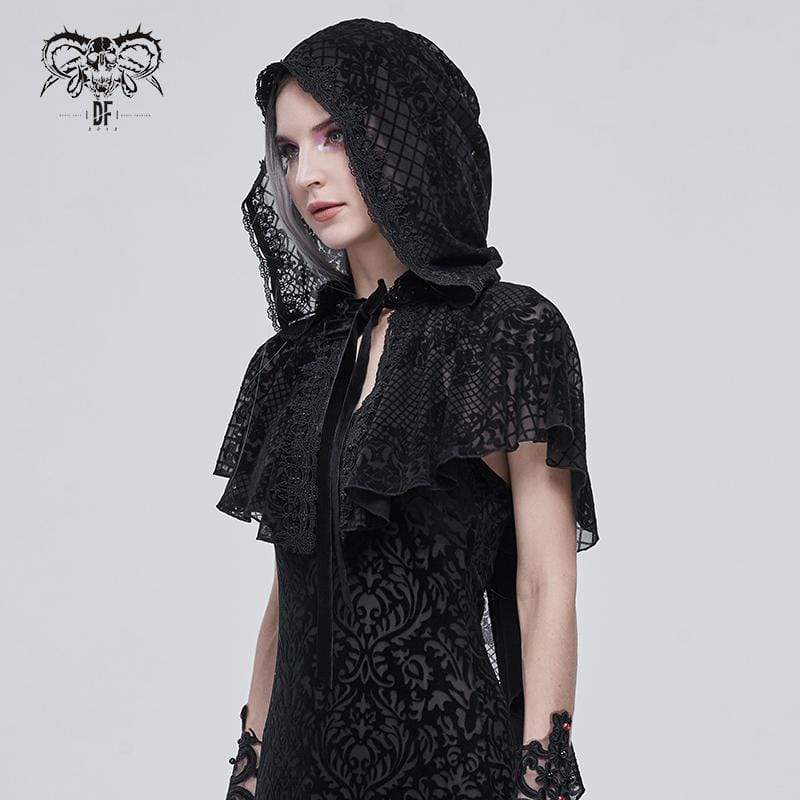 DEVIL FASHION Women's Gothic Floral Mesh Cape with Hood