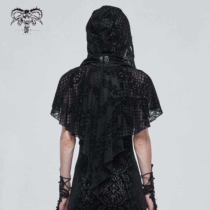 DEVIL FASHION Women's Gothic Floral Mesh Cape with Hood