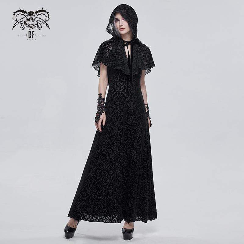 DEVIL FASHION Women's Gothic Floral Mesh Cape with Hood