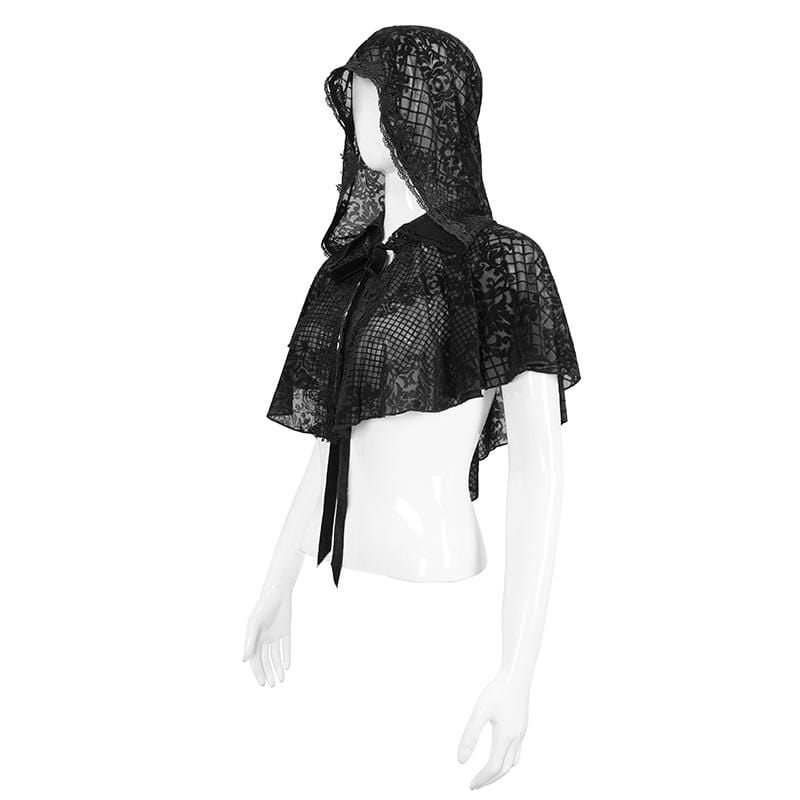 DEVIL FASHION Women's Gothic Floral Mesh Cape with Hood