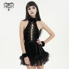 DEVIL FASHION Women's Gothic Halterneck Fluffy Splice Velvet Dress