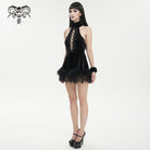 DEVIL FASHION Women's Gothic Halterneck Fluffy Splice Velvet Dress