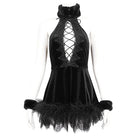 DEVIL FASHION Women's Gothic Halterneck Fluffy Splice Velvet Dress