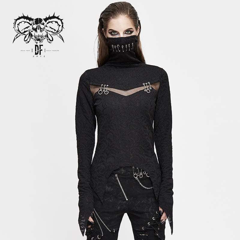 DEVIL FASHION Women's Gothic High Collar Mesh Jacquard Tops