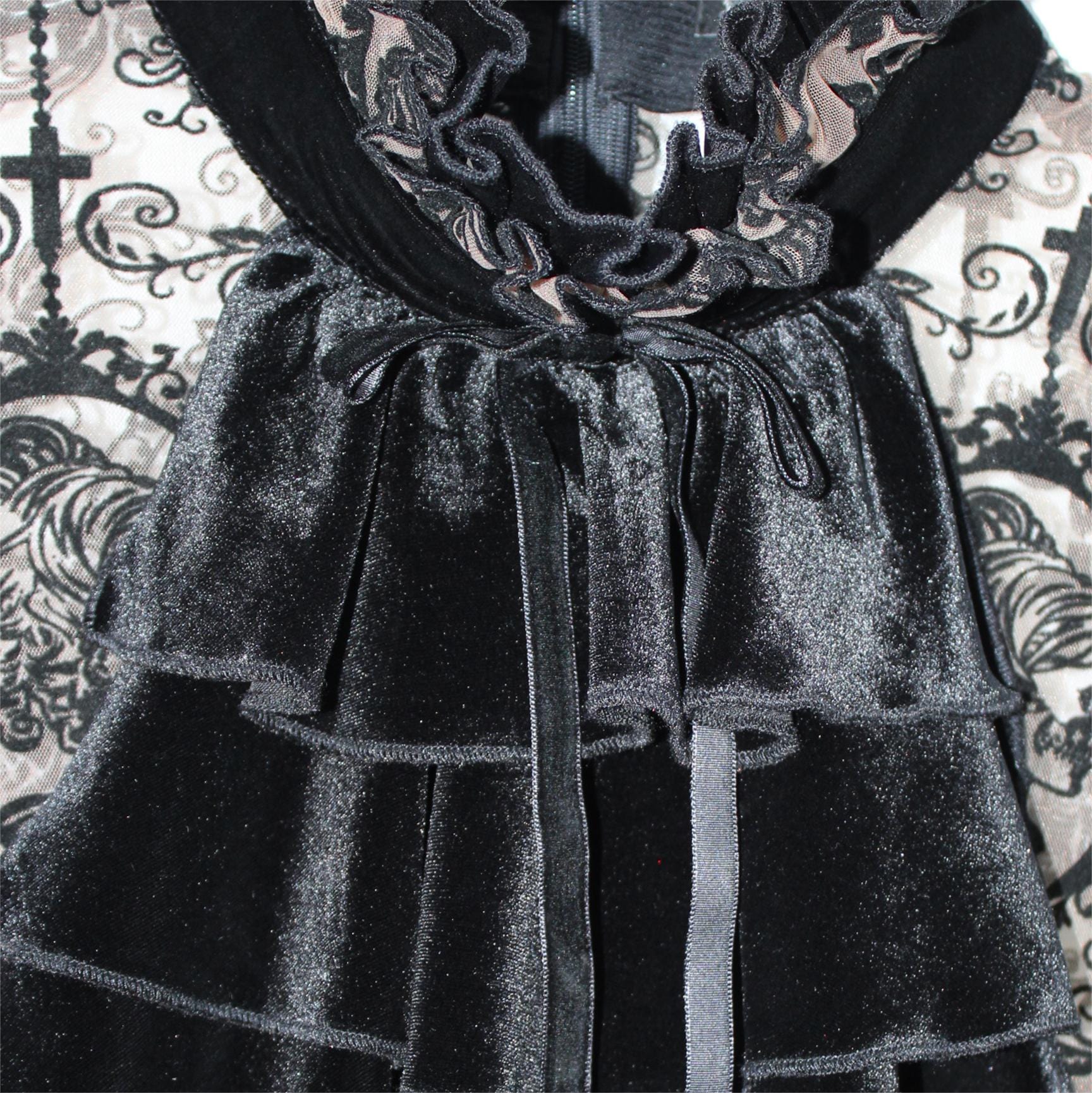 DEVIL FASHION Women's Gothic Irregular Floral Printed Mesh Dress with Neckwear