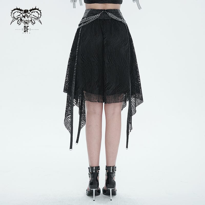 DEVIL FASHION Women's Gothic Irregular Mesh Skirt with Chain