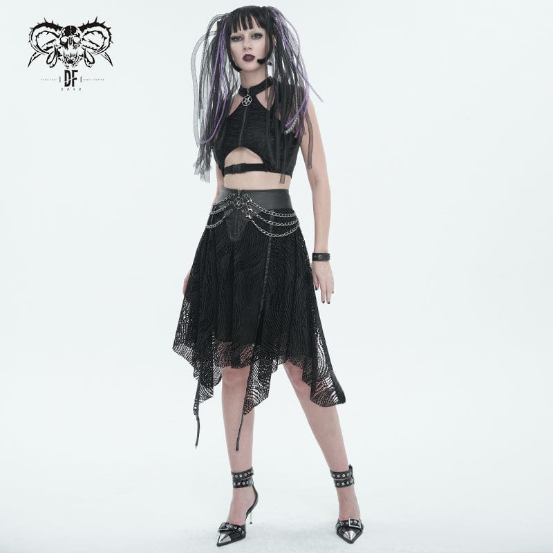 DEVIL FASHION Women's Gothic Irregular Mesh Skirt with Chain