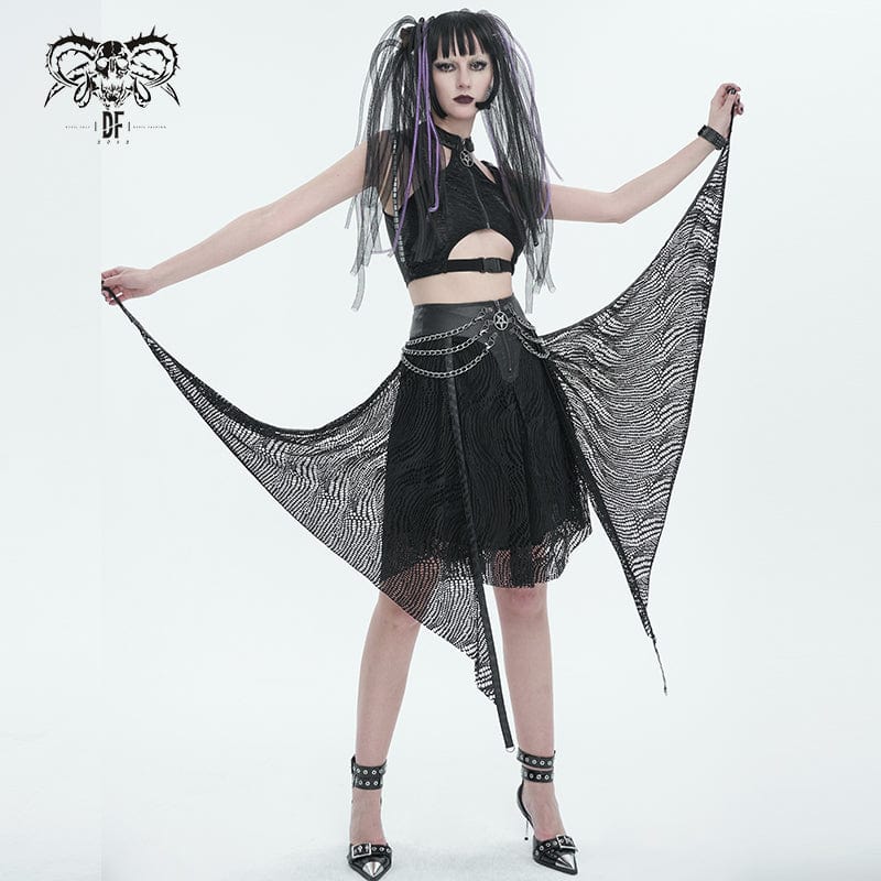 DEVIL FASHION Women's Gothic Irregular Mesh Skirt with Chain