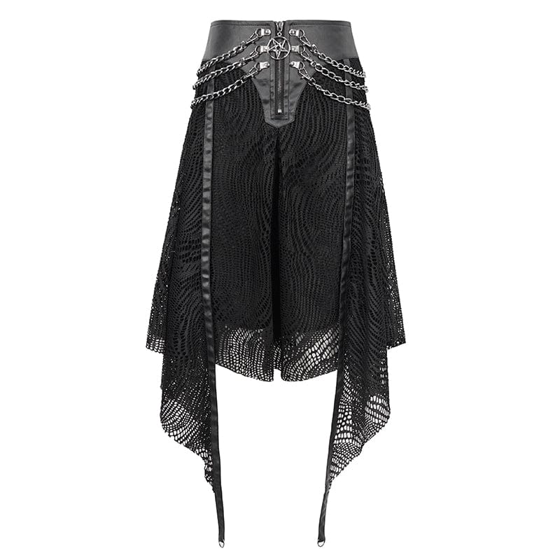 DEVIL FASHION Women's Gothic Irregular Mesh Skirt with Chain