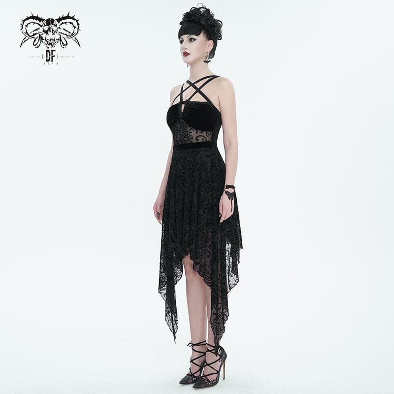 DEVIL FASHION Women's Gothic Irregular Mesh Splice Velvet Slip Dress