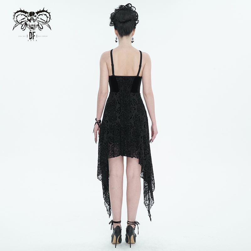 DEVIL FASHION Women's Gothic Irregular Mesh Splice Velvet Slip Dress