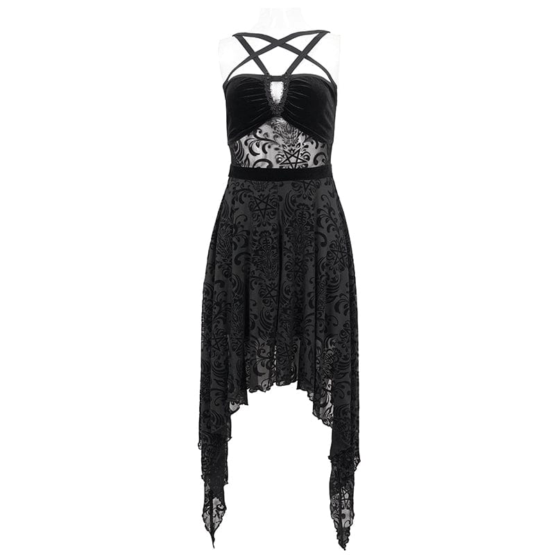 DEVIL FASHION Women's Gothic Irregular Mesh Splice Velvet Slip Dress