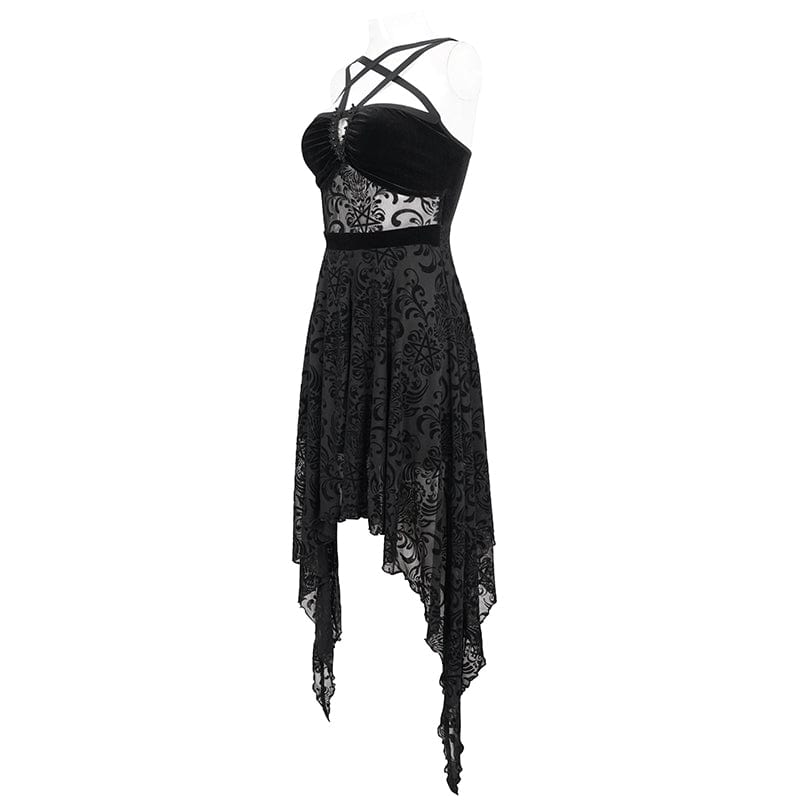 DEVIL FASHION Women's Gothic Irregular Mesh Splice Velvet Slip Dress