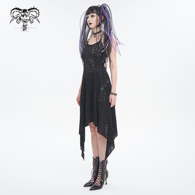 DEVIL FASHION Women's Gothic Irregular Ripped Chain Halterneck Dress