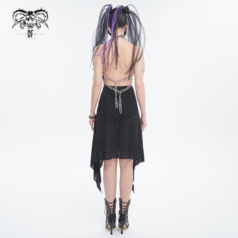 DEVIL FASHION Women's Gothic Irregular Ripped Chain Halterneck Dress