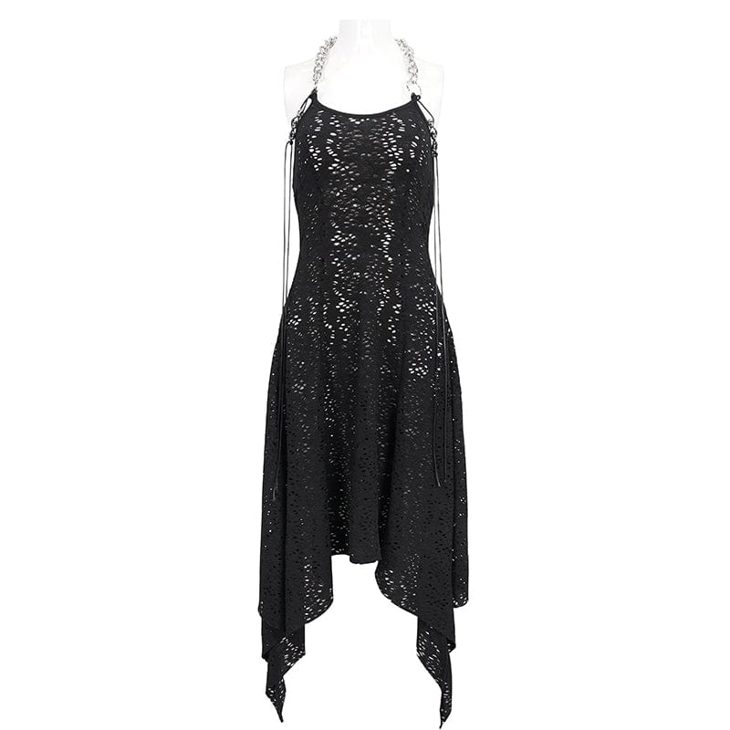 DEVIL FASHION Women's Gothic Irregular Ripped Chain Halterneck Dress