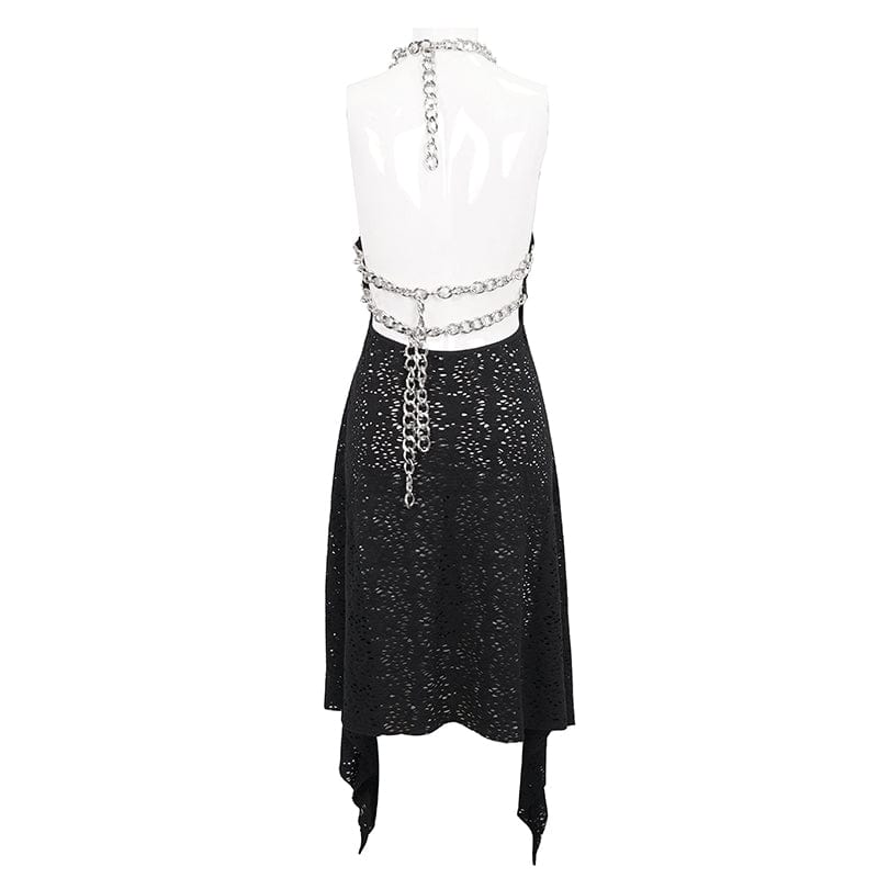 DEVIL FASHION Women's Gothic Irregular Ripped Chain Halterneck Dress