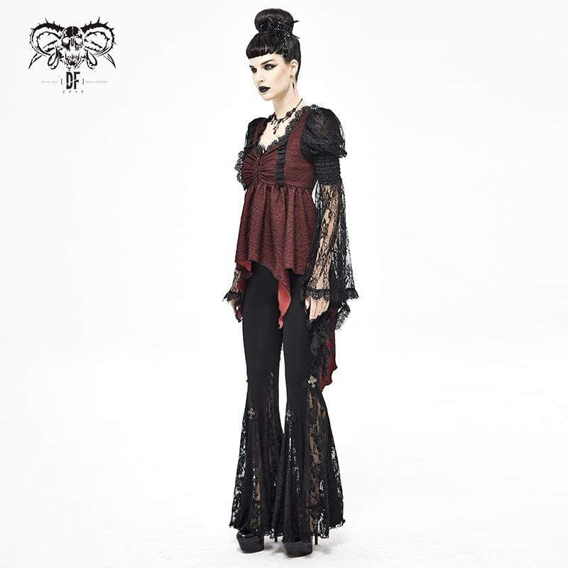 Women's Gothic Irregular Ruffles Red Lace Top