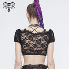 Women's Gothic Lace Overlay Scottish Check Short Puffed Sleeve Tops