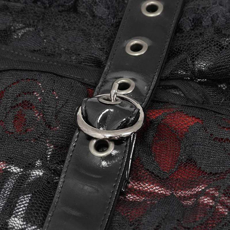 Women's Gothic Lace Overlay Scottish Check Short Puffed Sleeve Tops