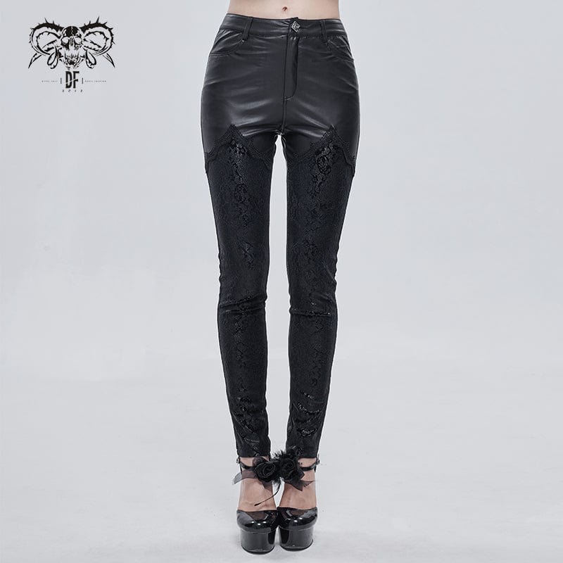 DEVIL FASHION Women's Gothic Lace Splice Faux Leather Leggings