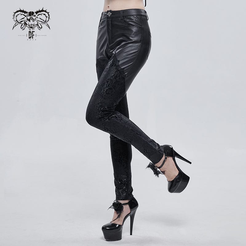 DEVIL FASHION Women's Gothic Lace Splice Faux Leather Leggings