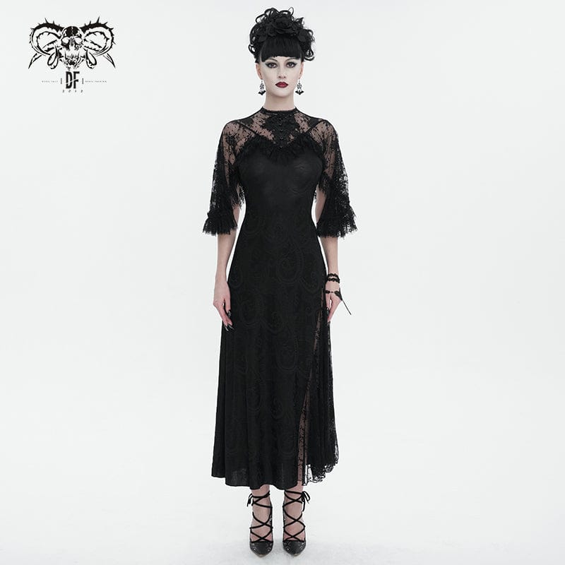 DEVIL FASHION Women's Gothic Lace Splice Split Dress