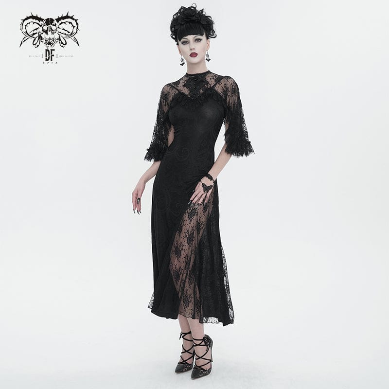 DEVIL FASHION Women's Gothic Lace Splice Split Dress