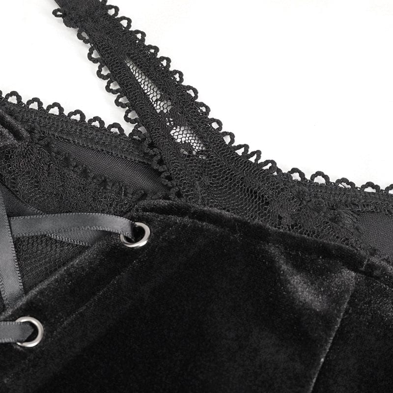 DEVIL FASHION Women's Gothic Lace Splice Velvet Flared Pants