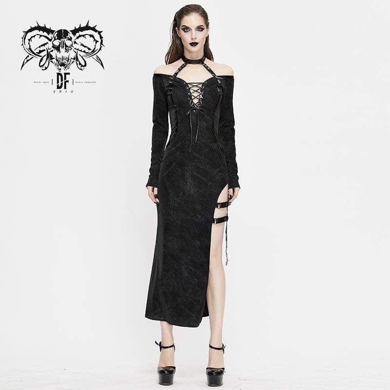 DEVIL FASHION Women's Gothic Lace-up Fitted Irregular Halter Dresses